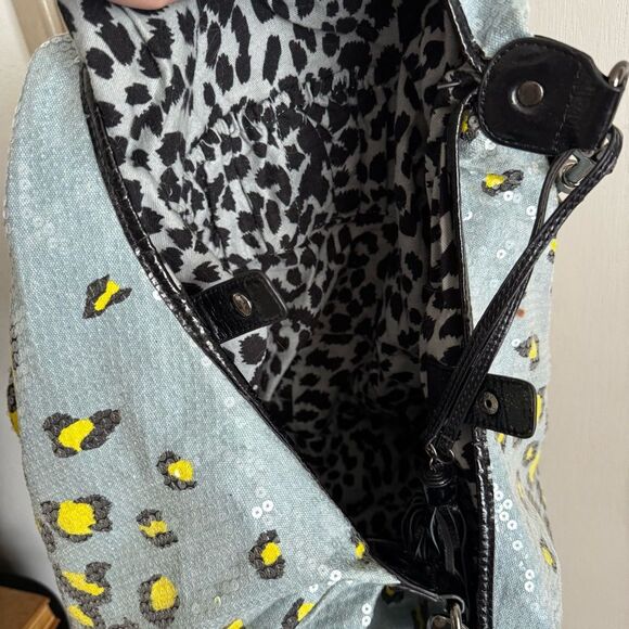 Betsey Johnson Baby Blue and Yellow Leopard Print Sequin Hobo Bag - Picture 6 of 8